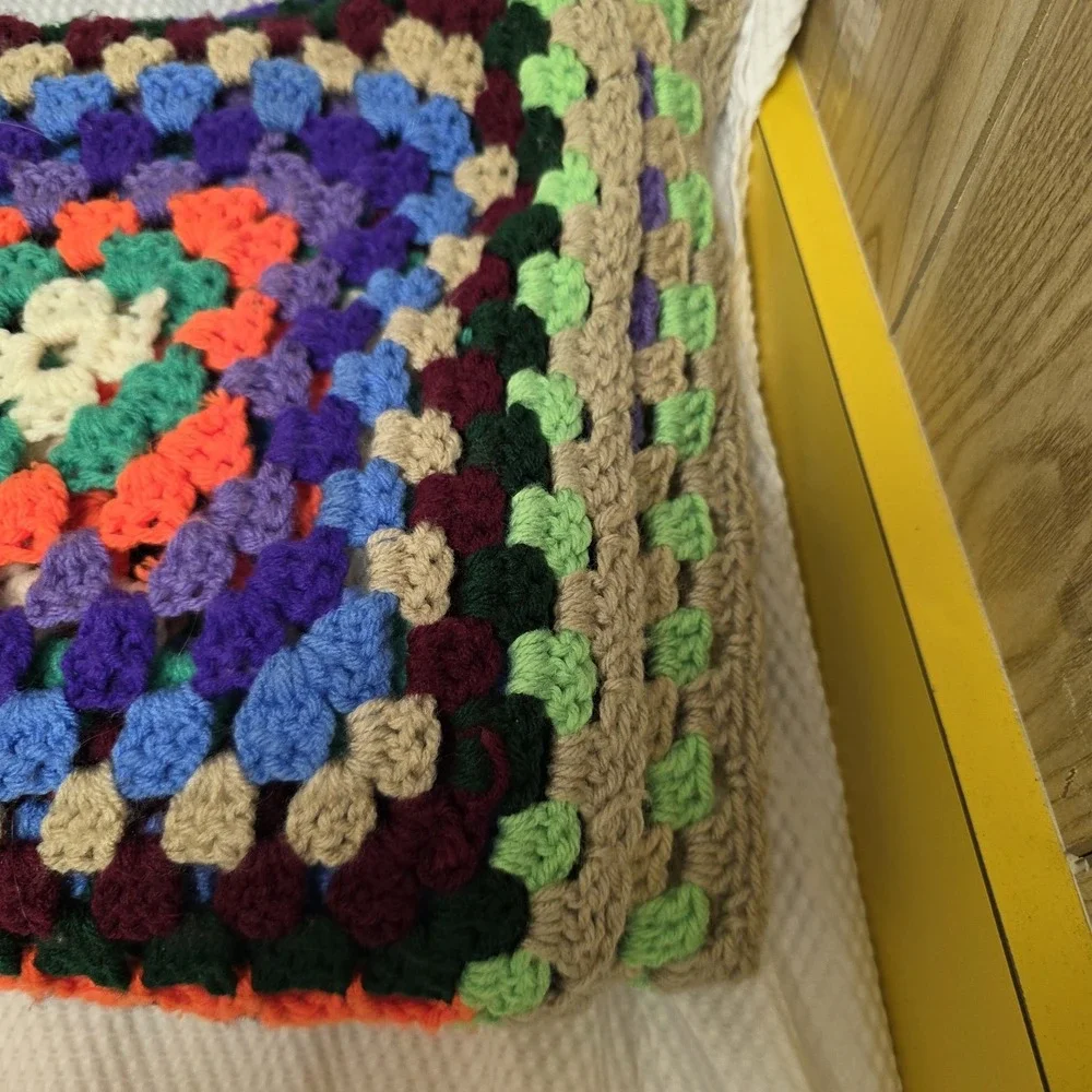 VTG Large Granny Square Afghan Black Crocheted Roseanne Throw Blanket  60
